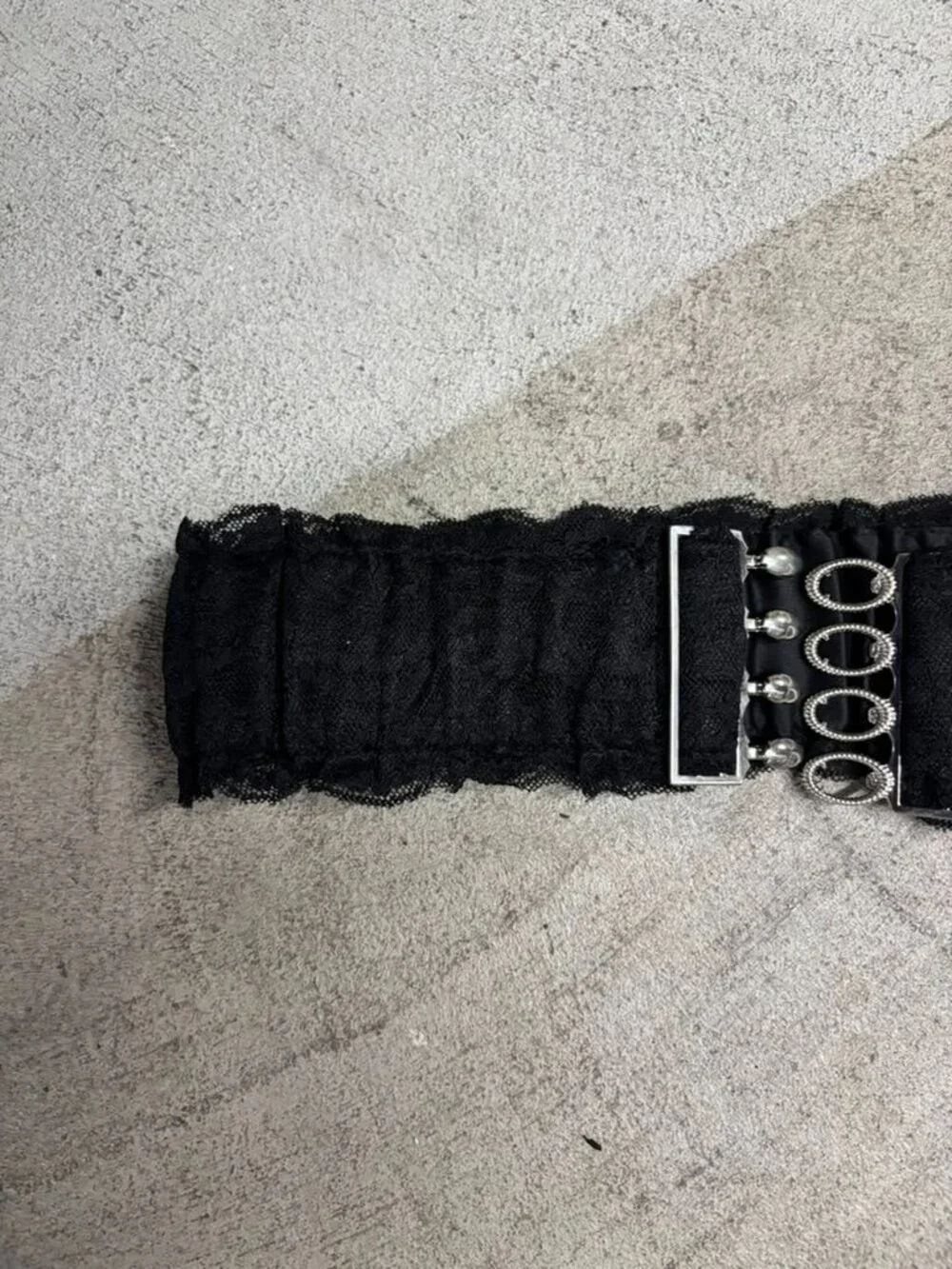 Women's Wide Black Lace Elastic Waist Belt with Silver Interlocking Buckle (A1)